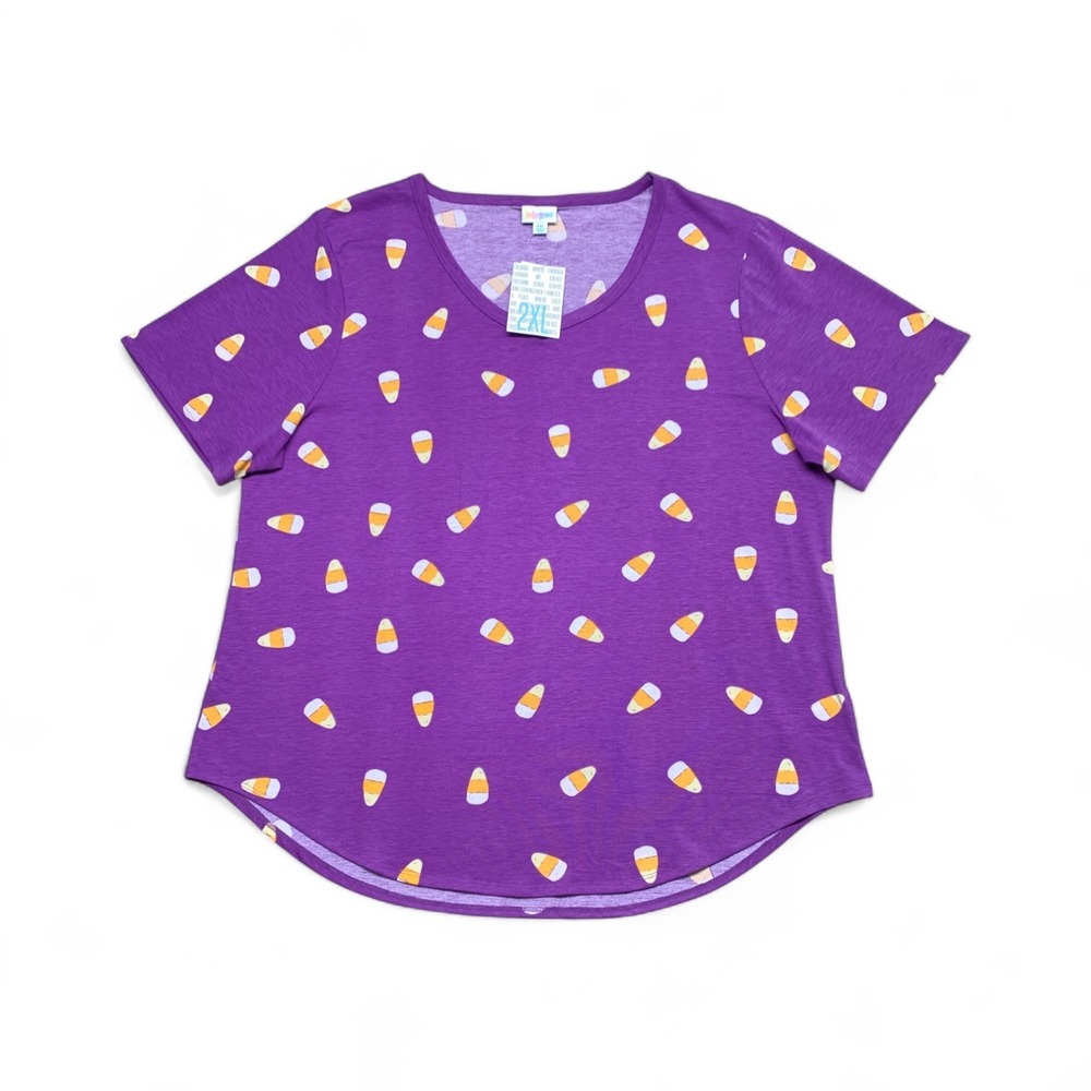 LuLaRoe Tunic Womens 2XL Purple Halloween Candy Corn V-Neck Halloween Shirt NWT